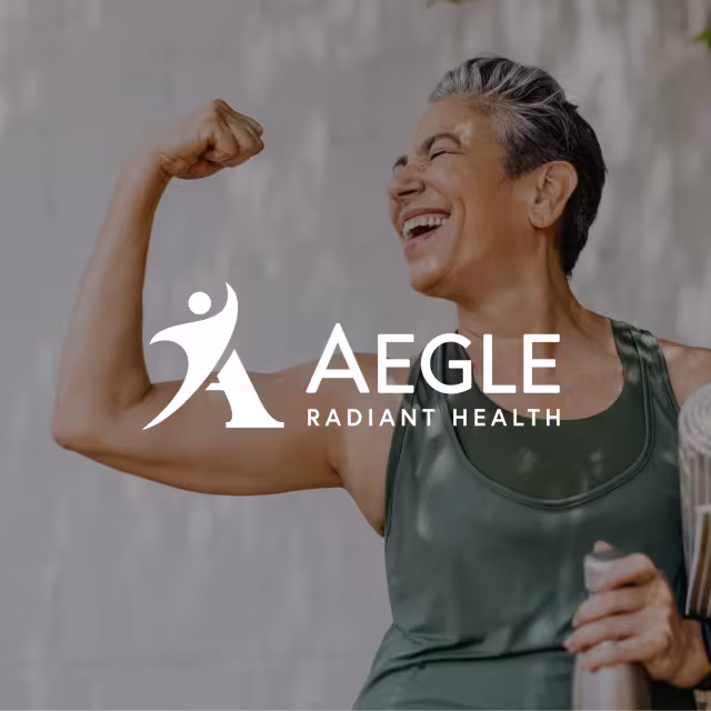 The Aegle Radiant Health logo superimposed over a woman flexing her arm.